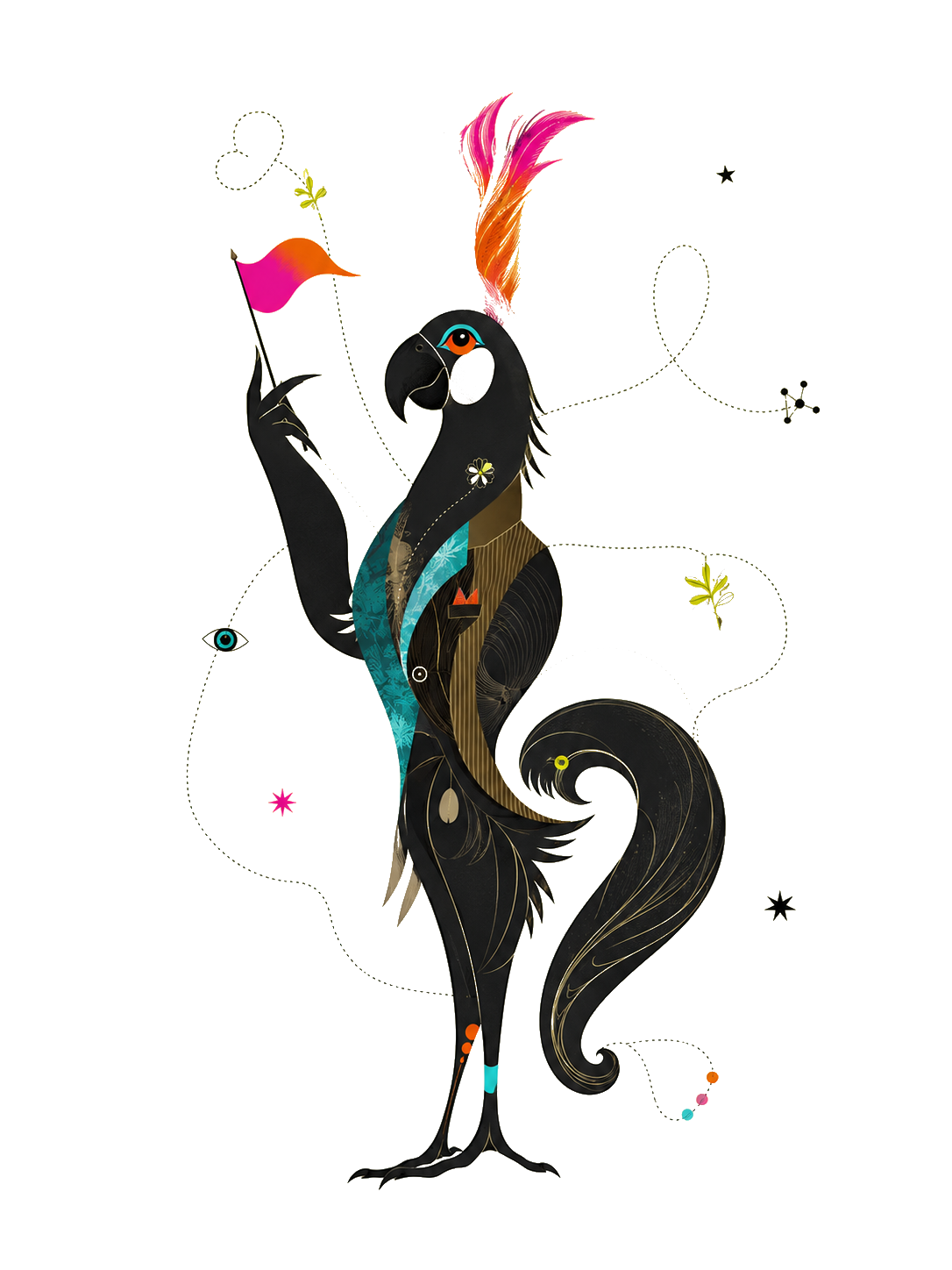 A black mythic bird carrying a small flag, surrounded by fine organic marks