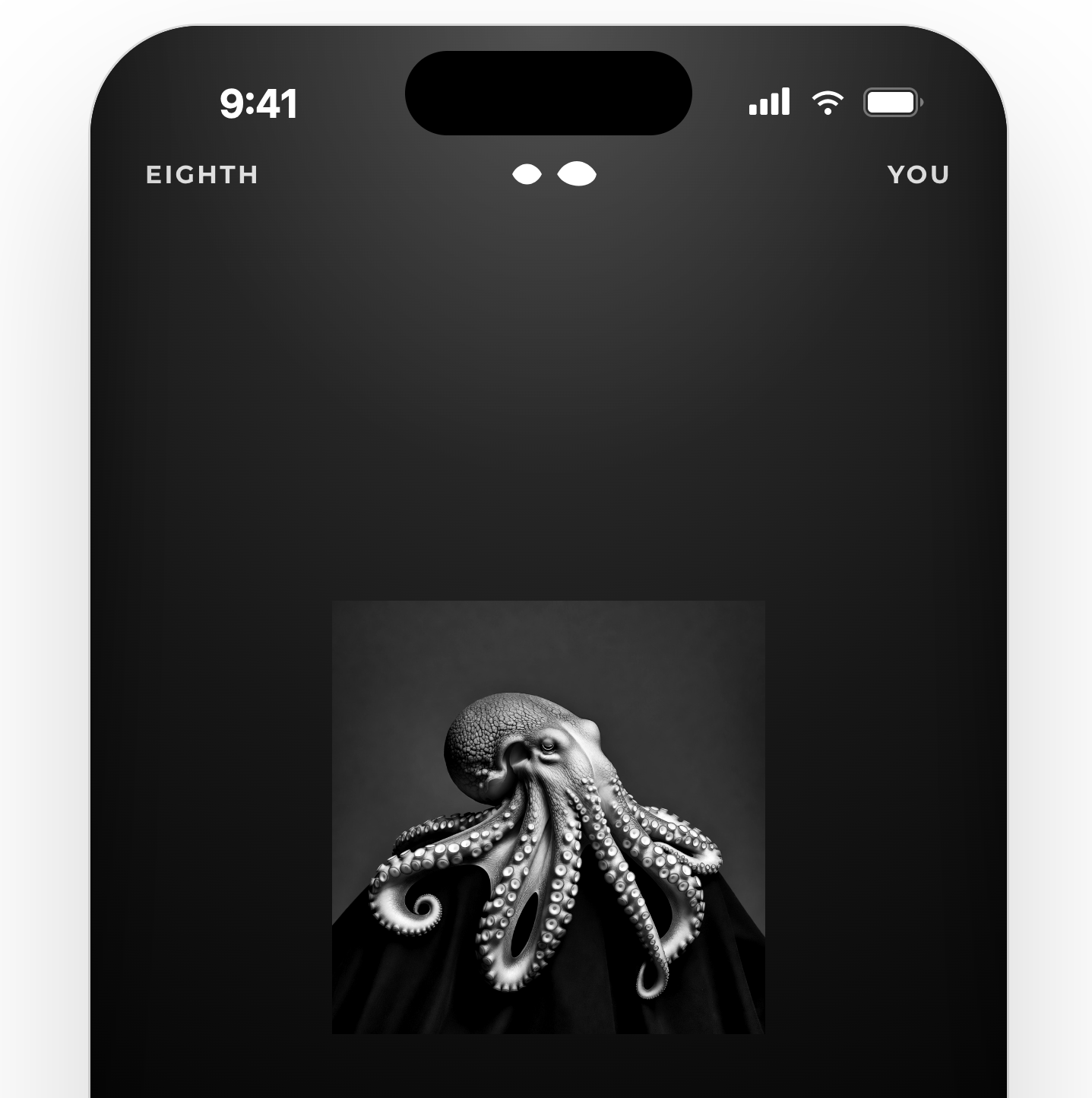 EIGHTH AI app screen showing a black-and-white octopus portrait