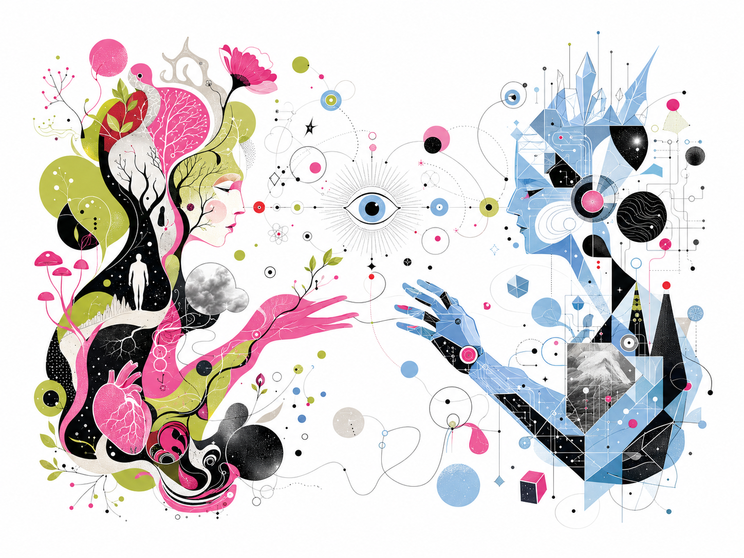 An organic human and geometric machine reaching toward each other