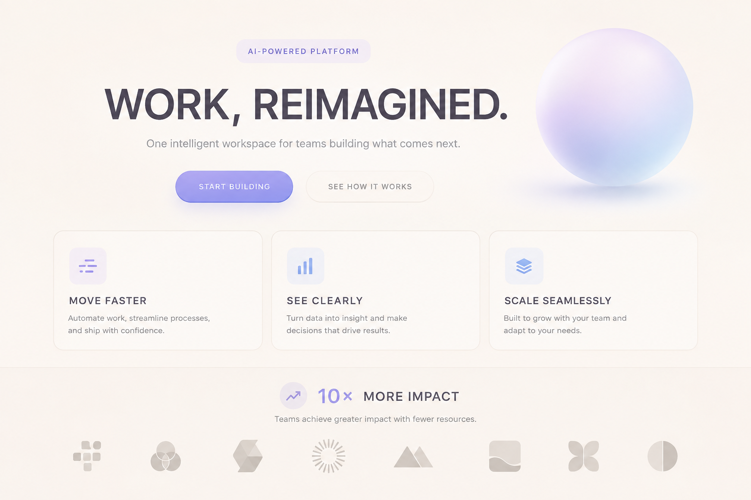 A fictional beige technology landing page assembled from familiar AI and software design conventions