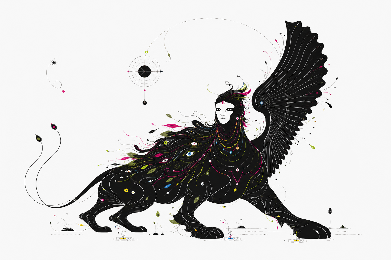 A black mythic winged creature surrounded by fine organic and celestial marks
