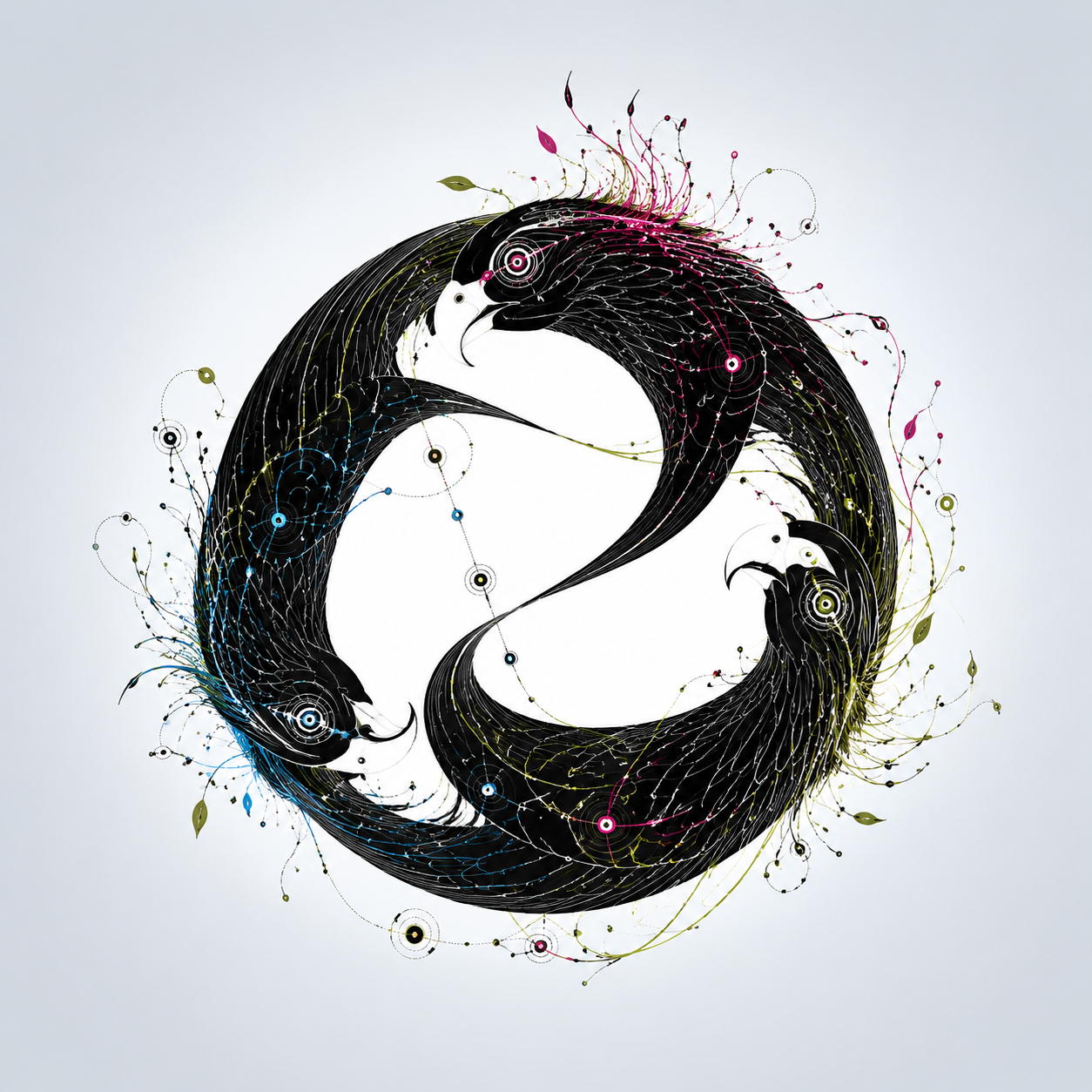 Three machine-birds forming a closed loop with no leader or origin