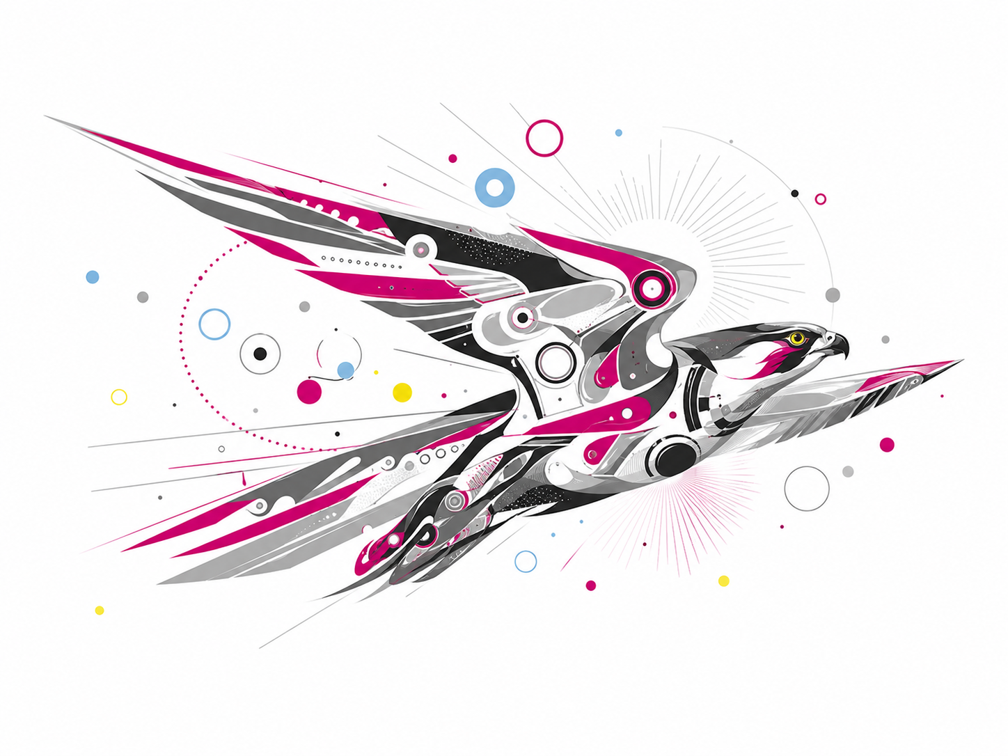 A surreal falcon aircraft organism in flight